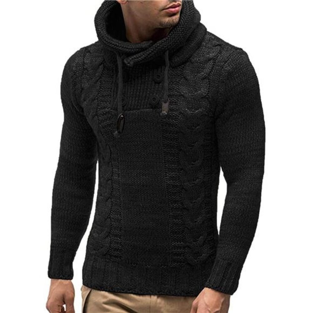 NWT Men's Black Cable Knit Cowl Neck Sweater | Button Detail Pullover